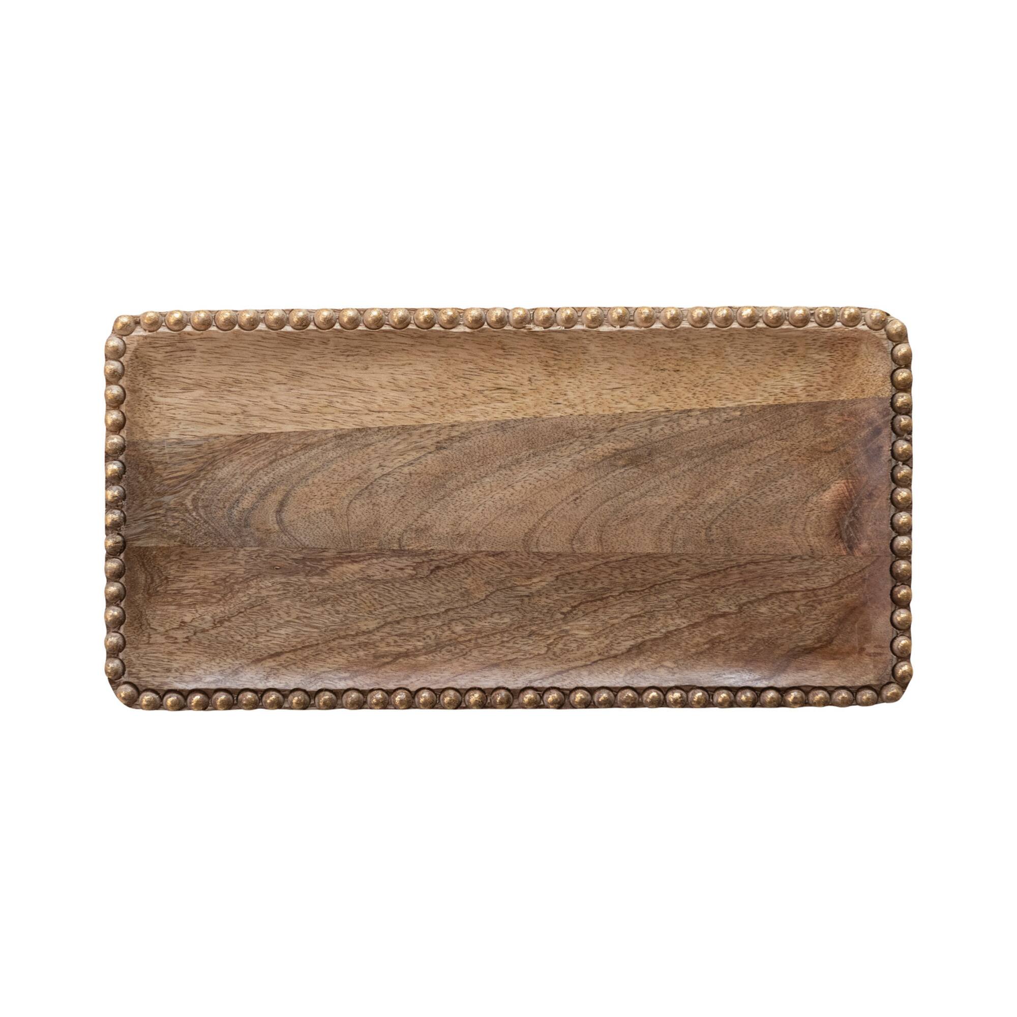 Hello Honey® 16" Natural & Gold Finish Carved Mango Wood Tray with Wood Beads